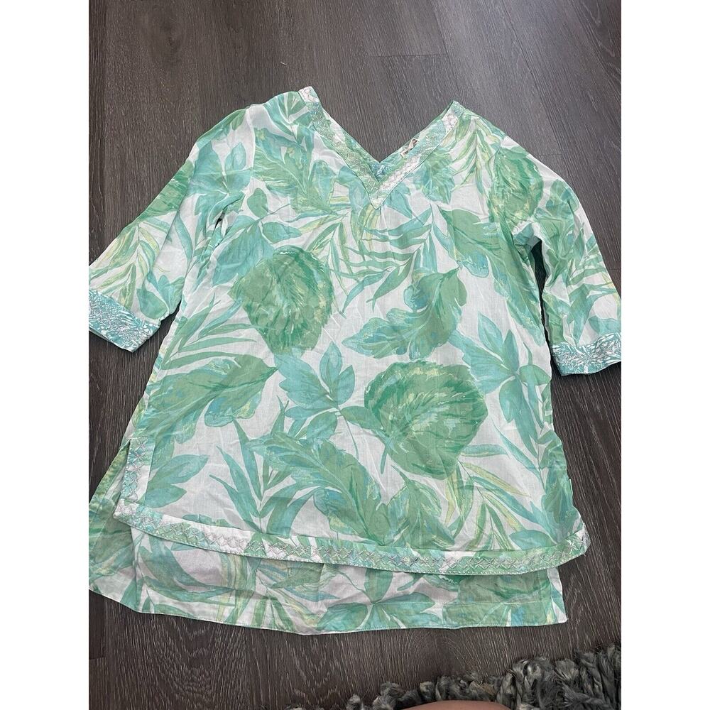 Womens Christian Siriano Medium Tunic Top Tropical 3/4 Sleeve V-Neck Coverup
